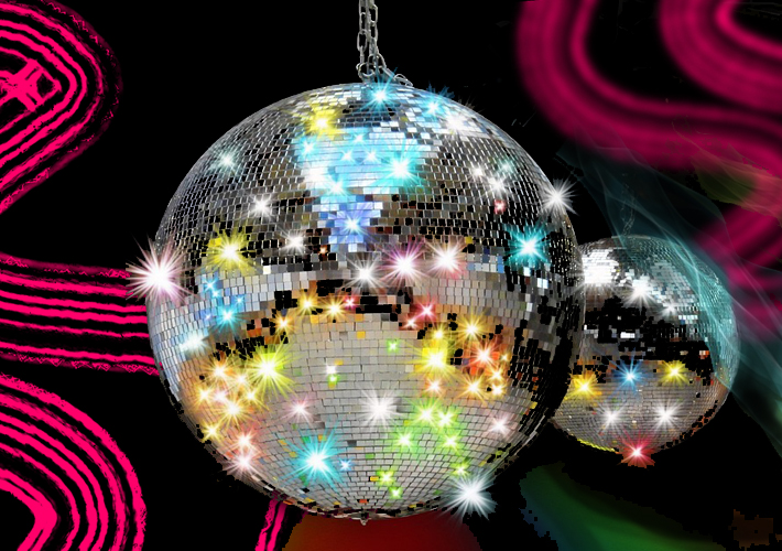 Two glittering disco balls with sparkles all around them in pale pastel colours.Behind this are wavy pink lines in bright cerise, some are blurred and others are sharp, the contrast gives the impression of motion.