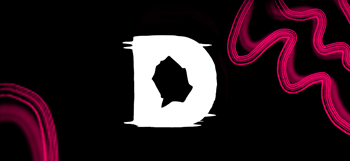 Banner for the Disrupt Disability Arts Festival. The festival logo, a large white ‘D’, sits on a black background in the centre. In the top right and bottom left corners, there are wavy pink lines in bright cerise. Behind them are blurred lines of the same colour giving the impression of motion.