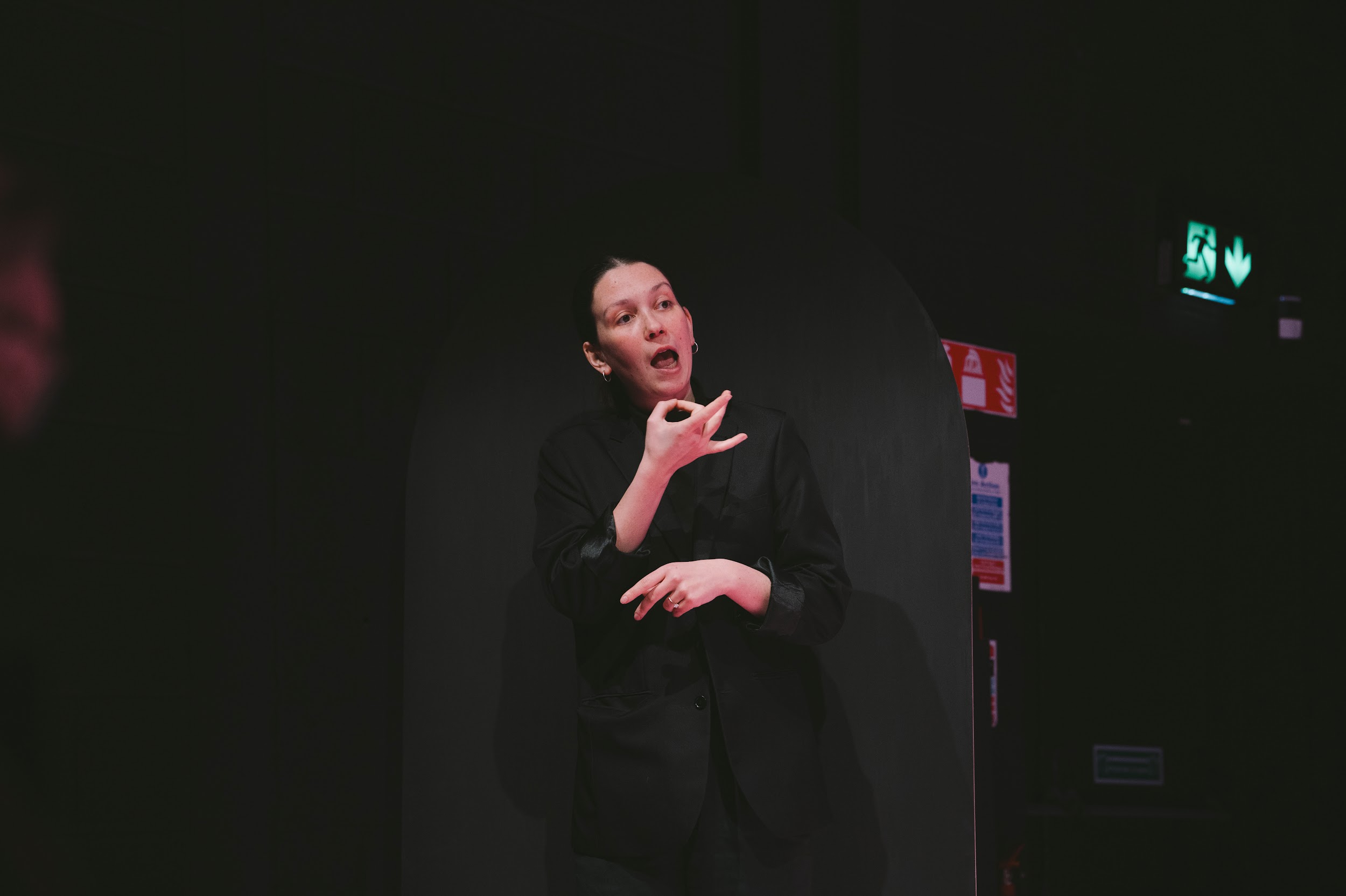 A sign language interpreter stands upon a dark stage. With animated expression, they gesture outwards. Photo by Leanne Sullivan.