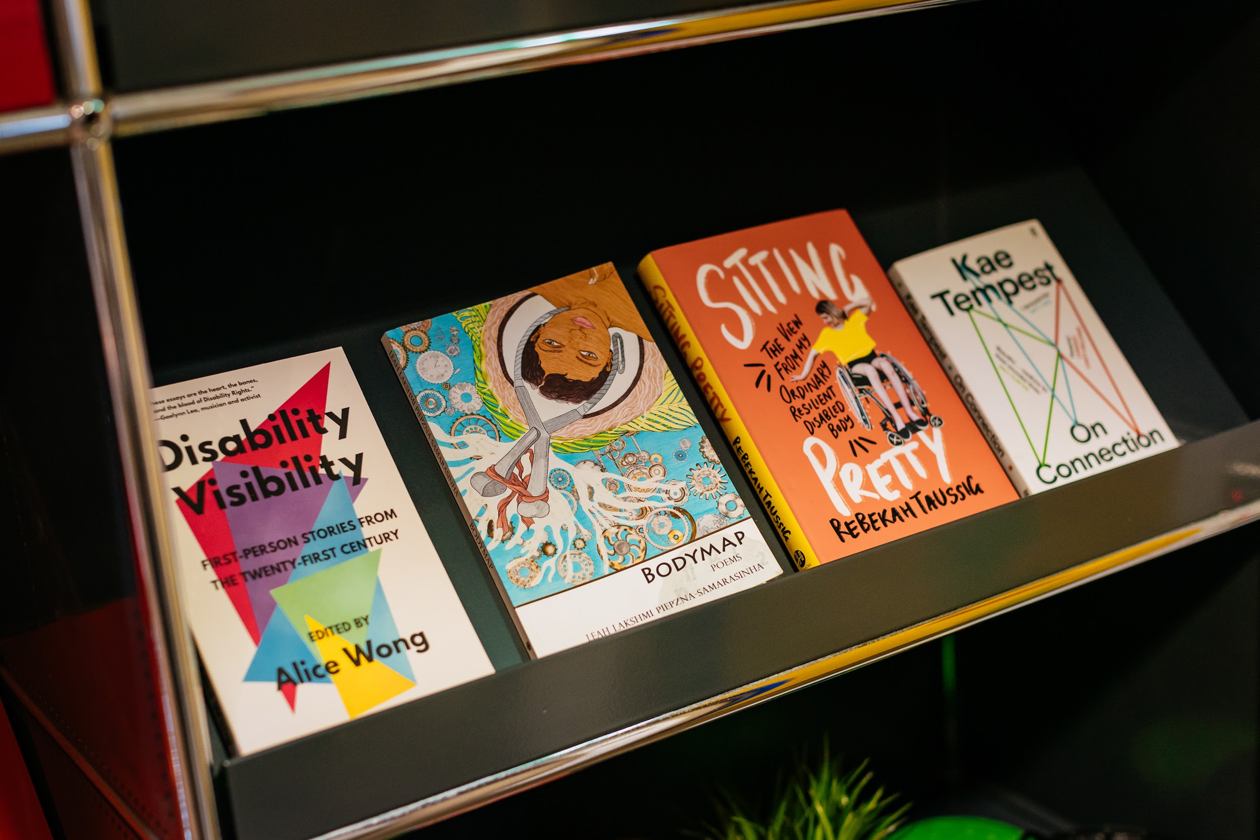 A bookshelf in the lobby in Project Art Centre. Literature includes: Disability Visibility by Alice Wong, Sitting Pretty, a book by Rebekah Taussig, On Connection by Kae Tempest and a book of poetry about the body by Leah Lakshmi Piepzna- Samarasinha. Photo by Simon Lazewski.